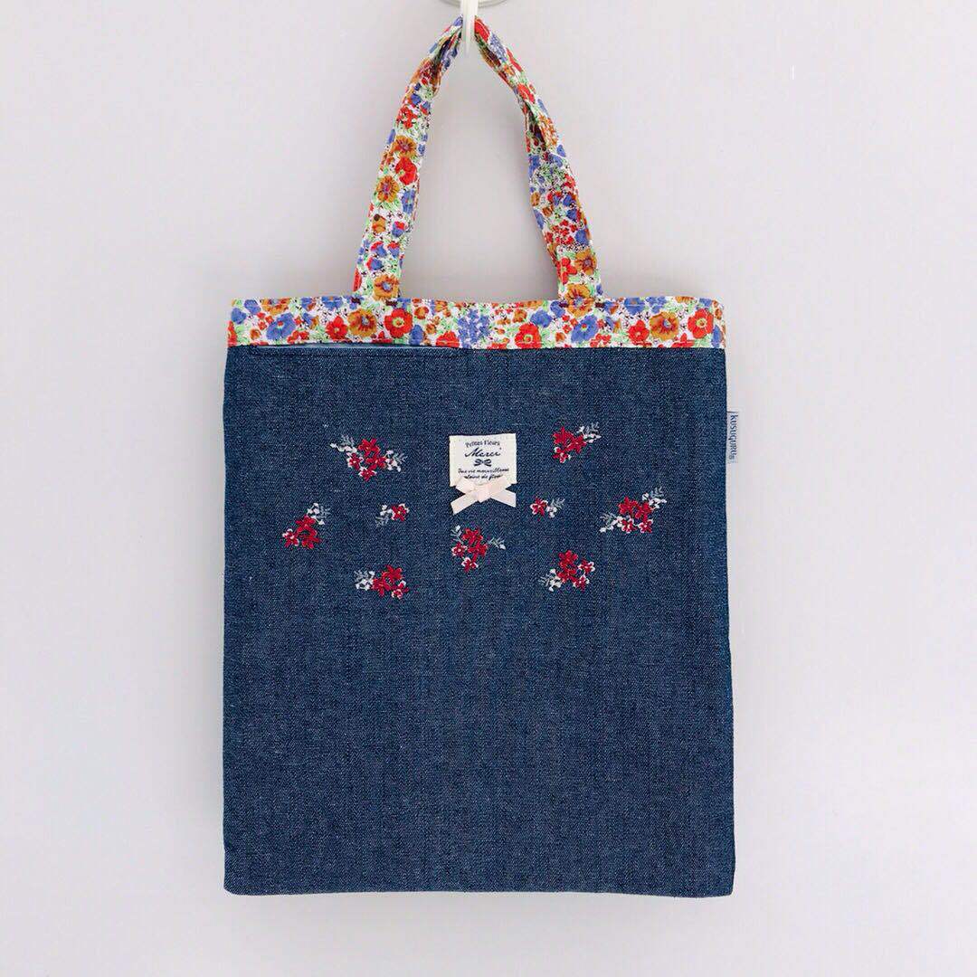 日單春季新款刺繡碎花小蝴蝶結手提包補習包ipad包逛街手提袋｜牛仔碎花