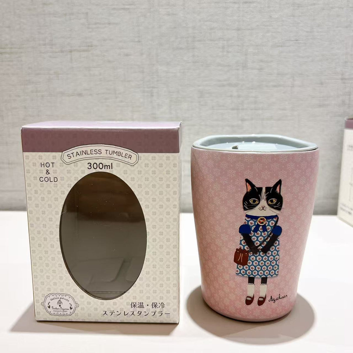 日本Kusuguru正品304不鏽鋼蓋式咖啡杯保溫保冷杯300 ml卡通貓405｜蜜豆粉色8701-3／300