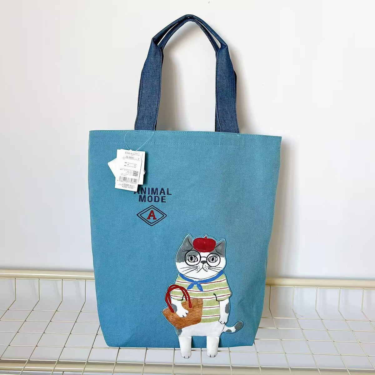 日本Kusuguru正品刺繡貓咪法鬥肩背包手提包手提包補習包通勤502｜露西藍色9041-2