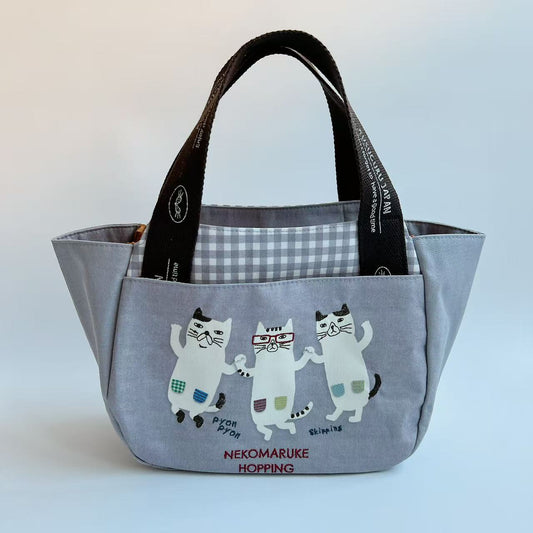 日本Kusuguru正品刺繡眼鏡貓手提包手提包元寶包飯盒包通勤500｜眼鏡貓灰9402-1
