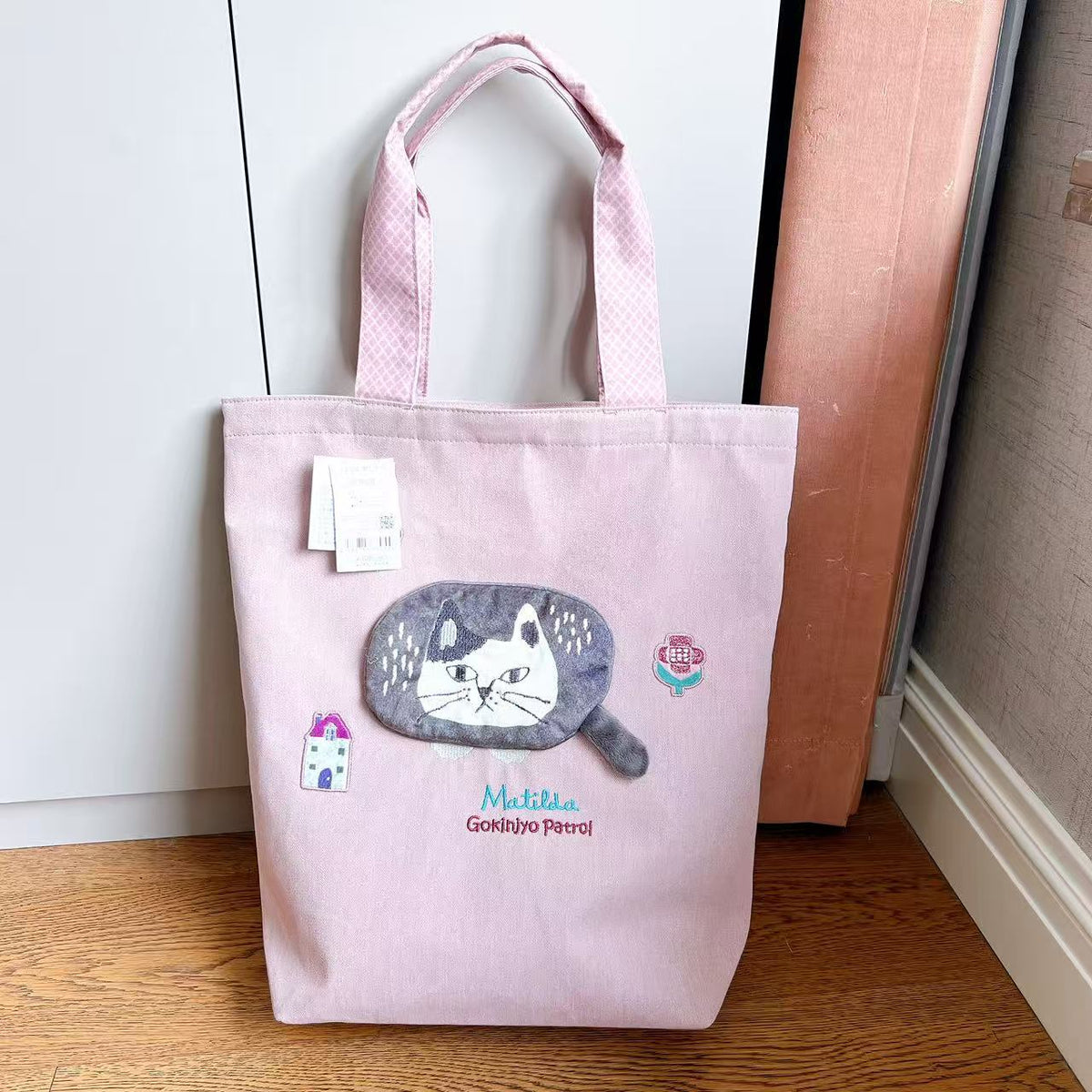 日本Kusuguru正品刺繡爬貓肩背包手提包補習包手提包布藝通勤501｜爬貓粉色9028-1