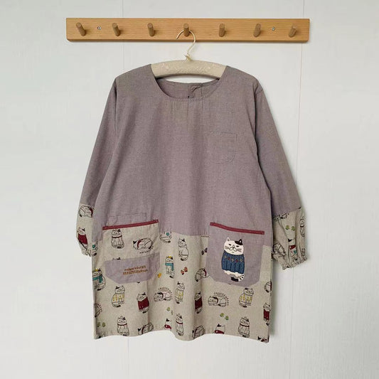 日本新款刺繡爬貓居家圍裙防油防污防汙罩衫反穿烘焙花藝有袖862｜灰色3041-1