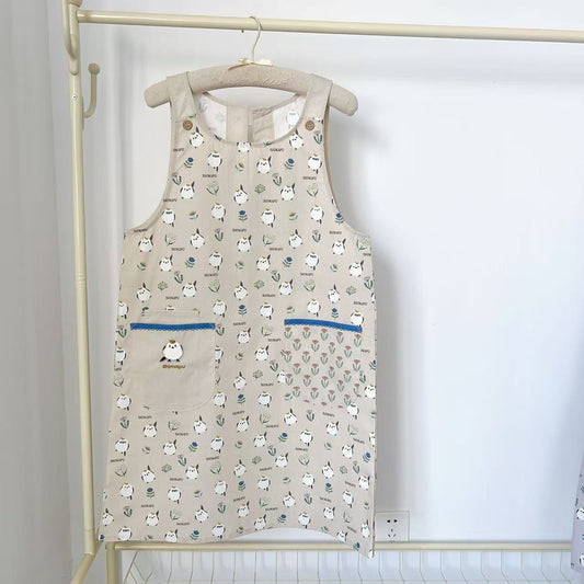 日本Kusuguru正品刺繡小雞長款圍裙家務防油防污花藝烘焙卡通503｜小雞米黃9045-1