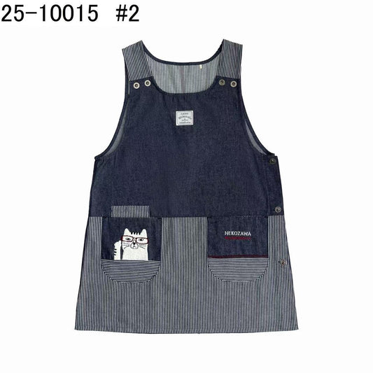 日本Kusuguru正品刺繡貓咪法鬥圍裙布藝家務防油防污花藝烘焙435｜眼鏡貓深牛仔藍色10015-2