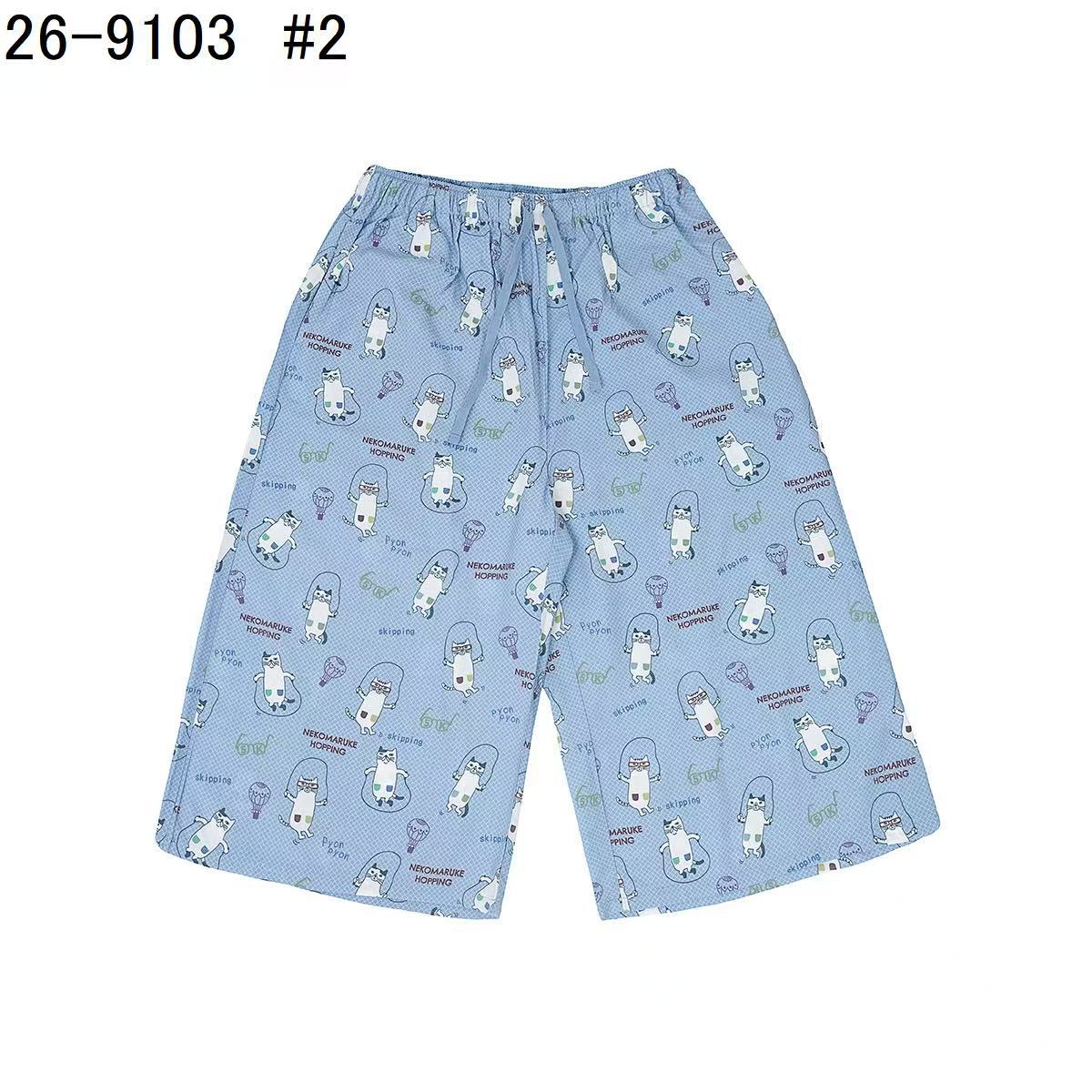 日本Kusuguru正品貓咪印花居家睡裙睡褲綿綢人造棉居家服舒適514｜短褲眼鏡貓藍9103-2／單一尺寸