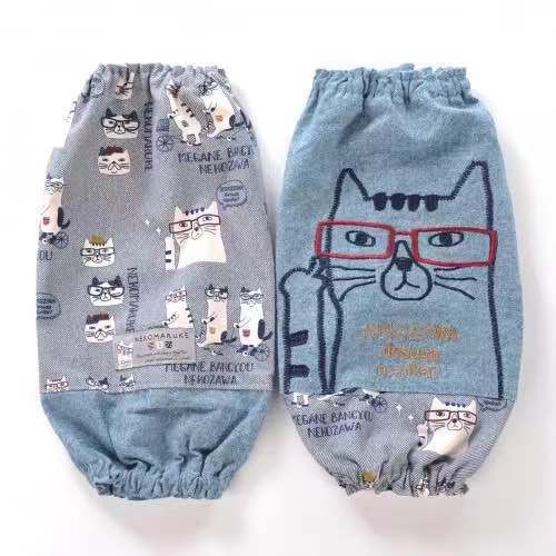 出口日本布藝袖套家務清潔防污可愛畫畫工作護袖｜刺繡貓藍色