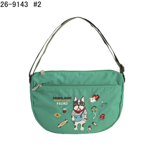 日本Kusuguru正品重工刺繡貓咪法鬥斜背包月亮包腋下包肩背包509｜保羅草綠9143-2
