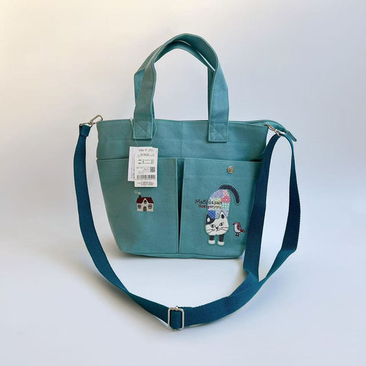 Kusuguru正品刺繡爬貓斜背包肩背包手提包手提包多口袋布藝601｜爬貓湖藍色9626-2