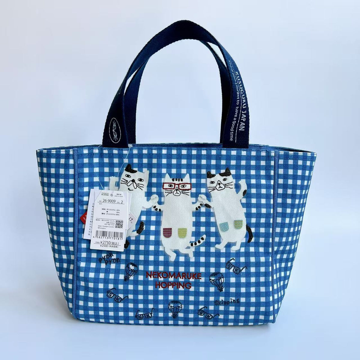 日本Kusuguru正品刺繡眼鏡貓手提包手提包格子飯盒包帆布通勤500｜藍色格子9009-2