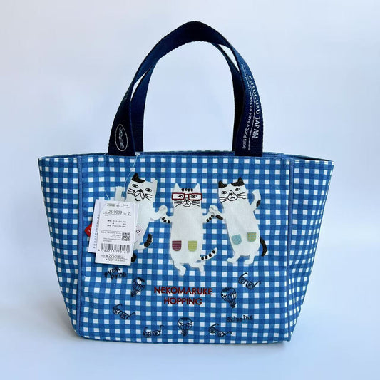 日本Kusuguru正品刺繡眼鏡貓手提包手提包格子飯盒包帆布通勤500｜藍色格子9009-2