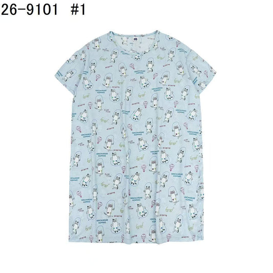 日本Kusuguru正品貓咪印花居家睡裙睡褲綿綢人造棉居家服舒適514｜睡裙眼鏡貓灰9101-1／單一尺寸