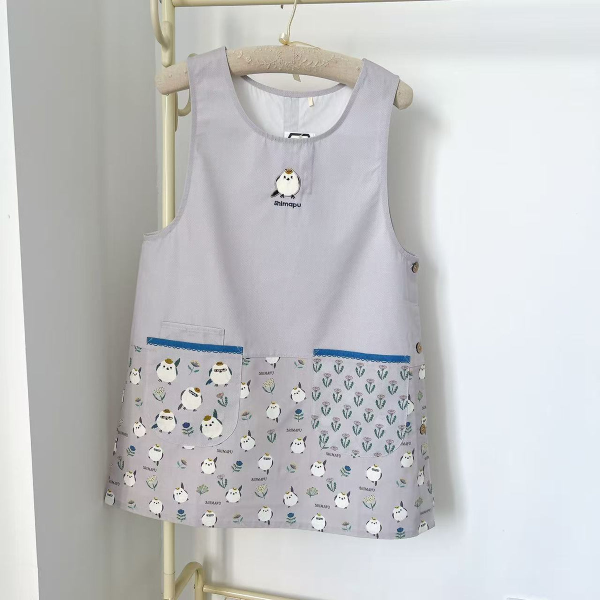 日本Kusuguru正品刺繡小雞圍裙家務防油防污花藝烘焙布藝卡通503｜小雞淡紫9044-2