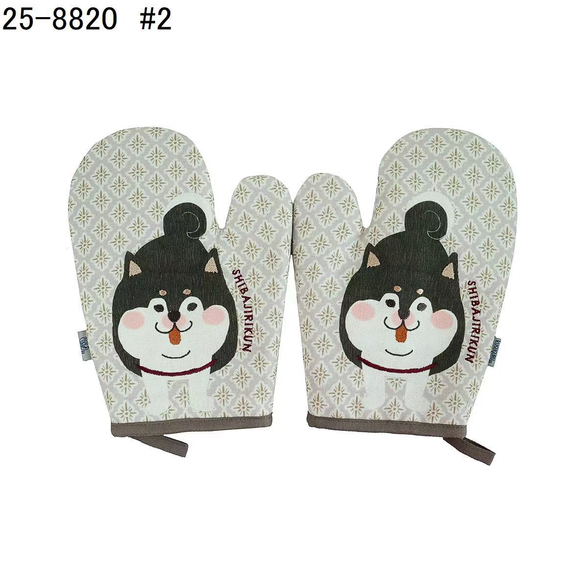 日本Kusuguru正品貓咪狗子刺繡印花手套隔熱耐高溫防燙加厚微波爐｜黑柴犬咖色8820-2