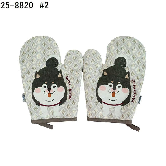 日本Kusuguru正品貓咪狗子刺繡印花手套隔熱耐高溫防燙加厚微波爐｜黑柴犬咖色8820-2