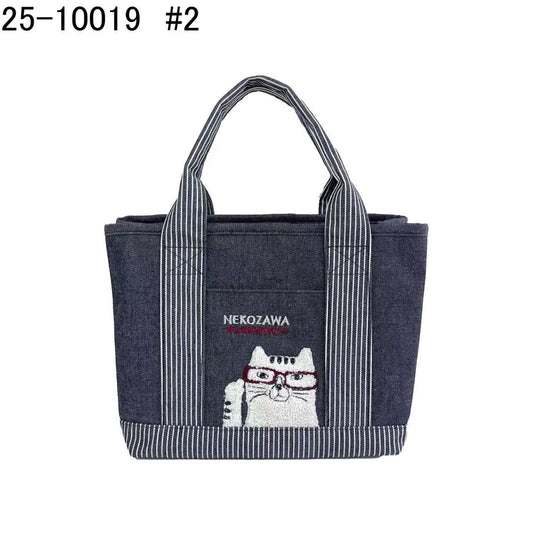 日本Kusuguru正品刺繡貓咪法鬥手提包牛仔托特包手提包隔層包435｜眼鏡貓深牛仔藍10019-2