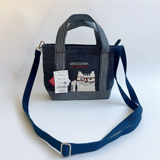 日本Kusuguru正品刺繡貓咪法鬥肩背包斜背包手提包手提包通勤436｜眼鏡貓深牛仔藍10018-2