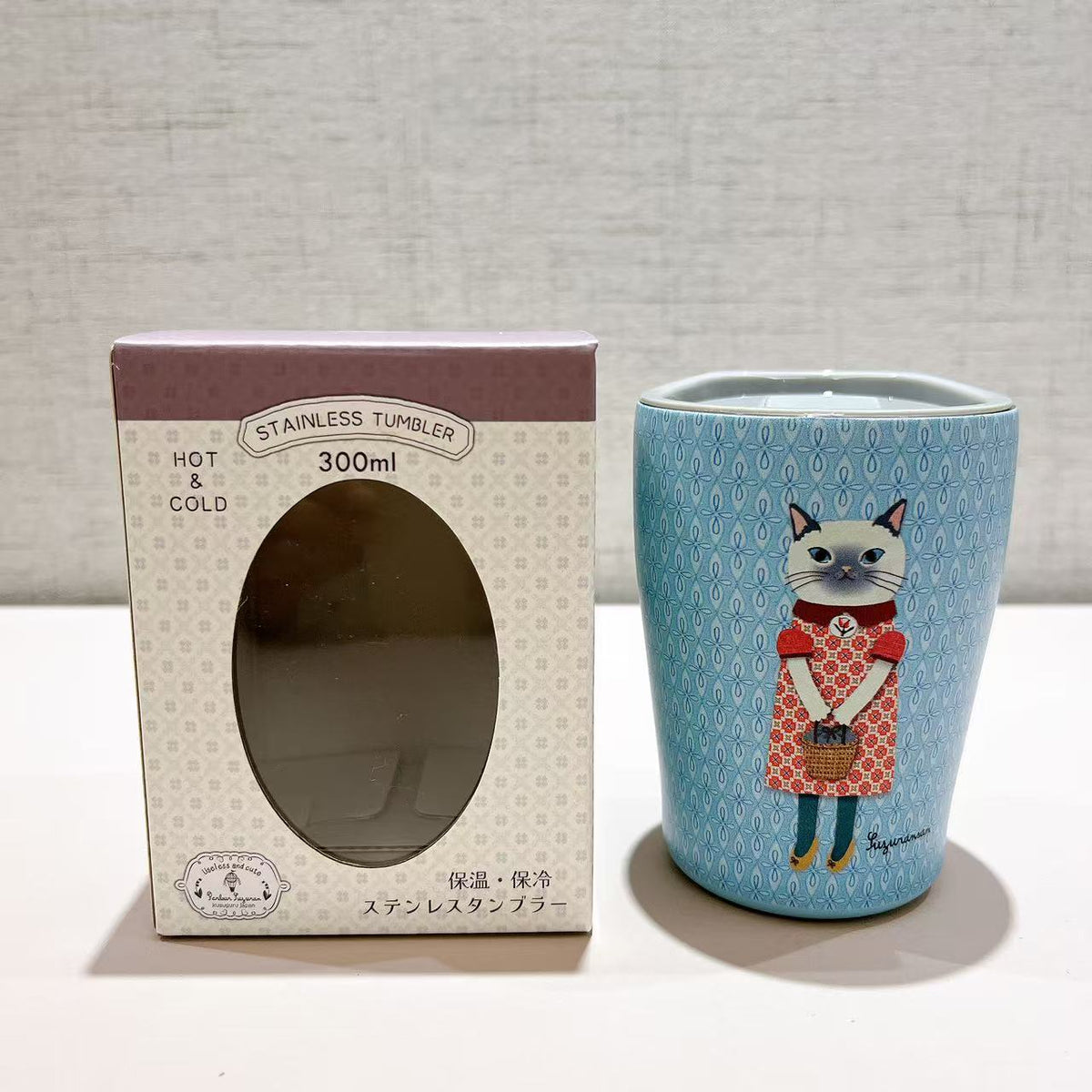日本Kusuguru正品304不鏽鋼蓋式咖啡杯保溫保冷杯300 ml卡通貓405｜蜜豆淺藍8701-4／300