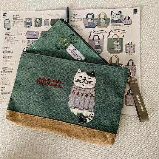 日本新款刺繡胖貓布藝文件包手拿包收納袋證件包套包證件包862｜綠 色
