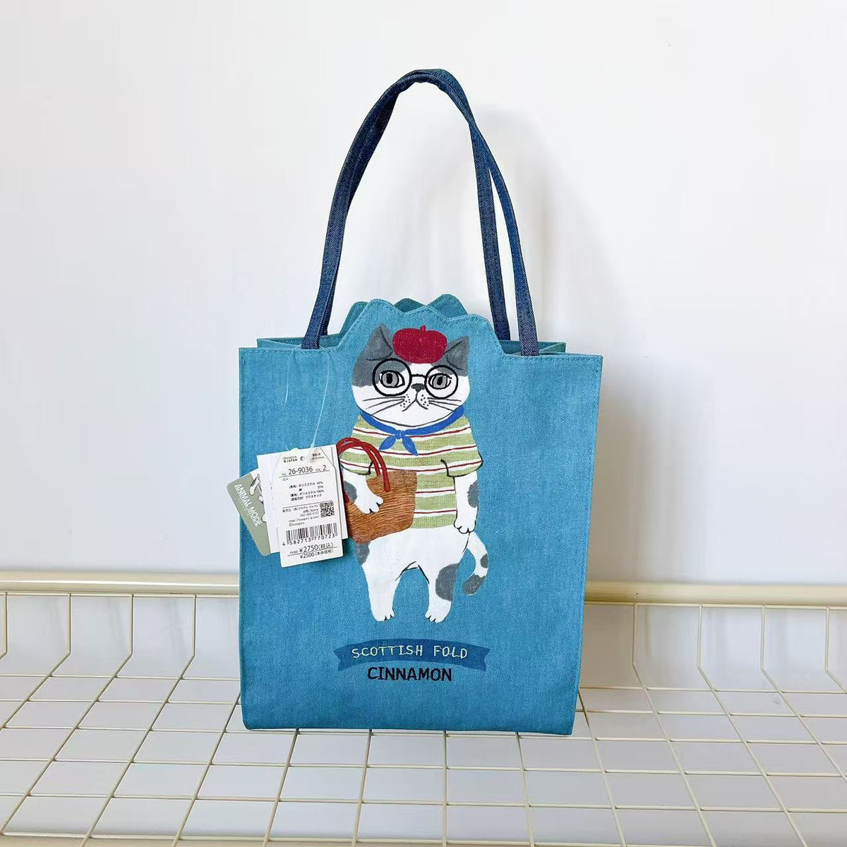 日本Kusuguru正品刺繡貓咪法鬥手提包手提包補習包逛街購物包502｜露西藍色9036-2