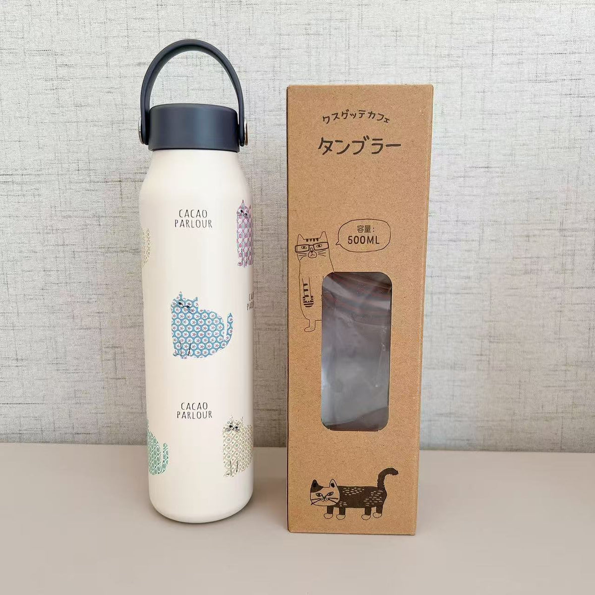 日本kusuguru貓咪圖案保溫杯隔熱方便攜帶304不鏽鋼直筒保冷卡通244｜斑點貓米色7704-1／500 ml