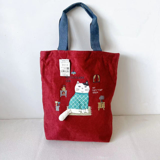 日本Kusuguru刺繡胖貓肩背包手提包手提包補習包購物包刷毛214｜紅色7627-2