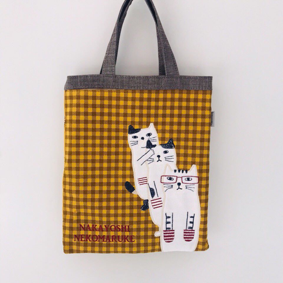 日本新款刺繡卡通貓咪手提包手提包補習包iPAd包逛街購物通勤包｜格子撞色