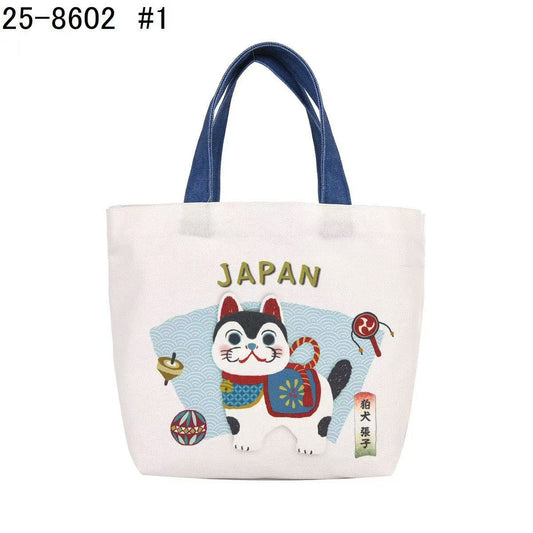 日本Kusuguru正品帆布包數位印花手提包手提包卡通飯盒包通勤433｜狛犬白色8602-1