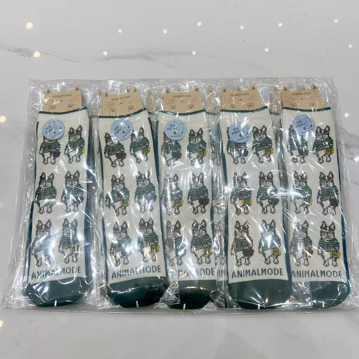 日本Kusuguru提花貓咪船襪中筒襪卡通棉襪堆堆襪襪子521(10雙入)｜中筒保羅白拼墨綠9164-2／單一尺寸