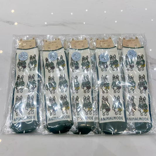 日本Kusuguru提花貓咪船襪中筒襪卡通棉襪堆堆襪襪子521(10雙入)｜中筒保羅白拼墨綠9164-2／單一尺寸