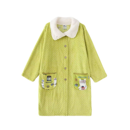 日本Kusuguru正品貓咪圖案居家服法蘭絨睡袍保暖長款舒適卡通622｜眼鏡貓米黃9678-1／單一尺寸