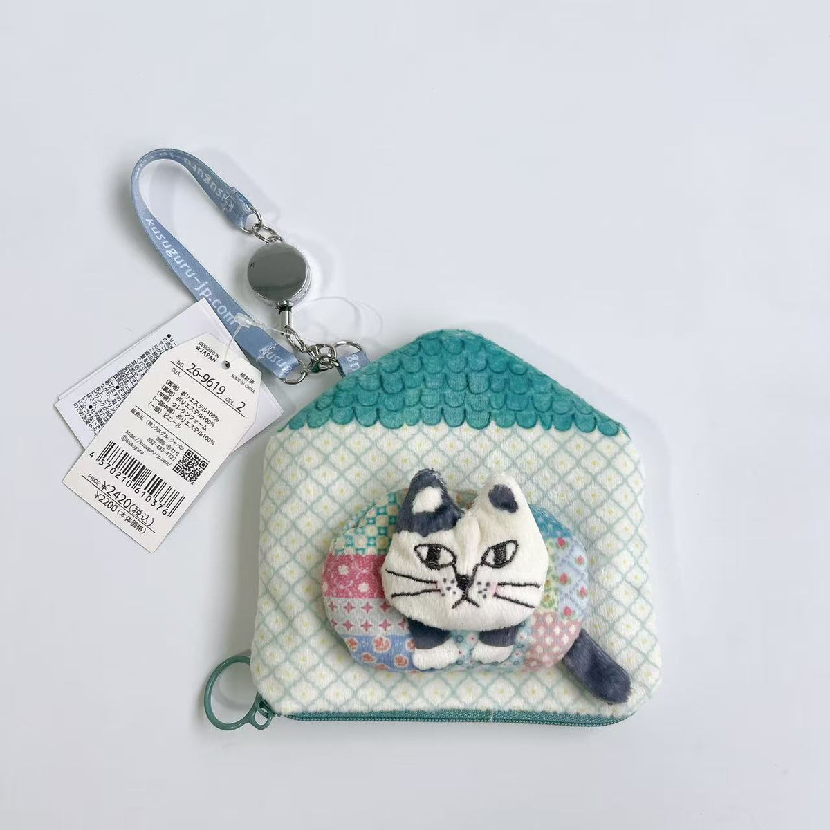日本Kusuguru正品刺繡爬貓卡套零錢包悠遊卡套伸縮扣卡通布藝601｜藍房子爬貓9619-2