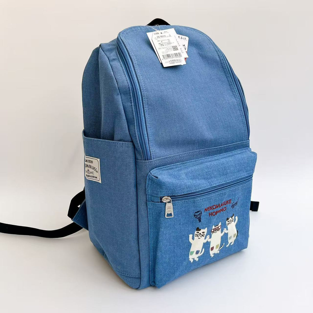 日本Kusuguru正品刺繡貓咪後背包旅行背包媽咪包學生通勤補習500｜眼鏡貓藍色9014-2