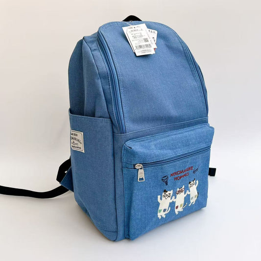 日本Kusuguru正品刺繡貓咪後背包旅行背包媽咪包學生通勤補習500｜眼鏡貓藍色9014-2