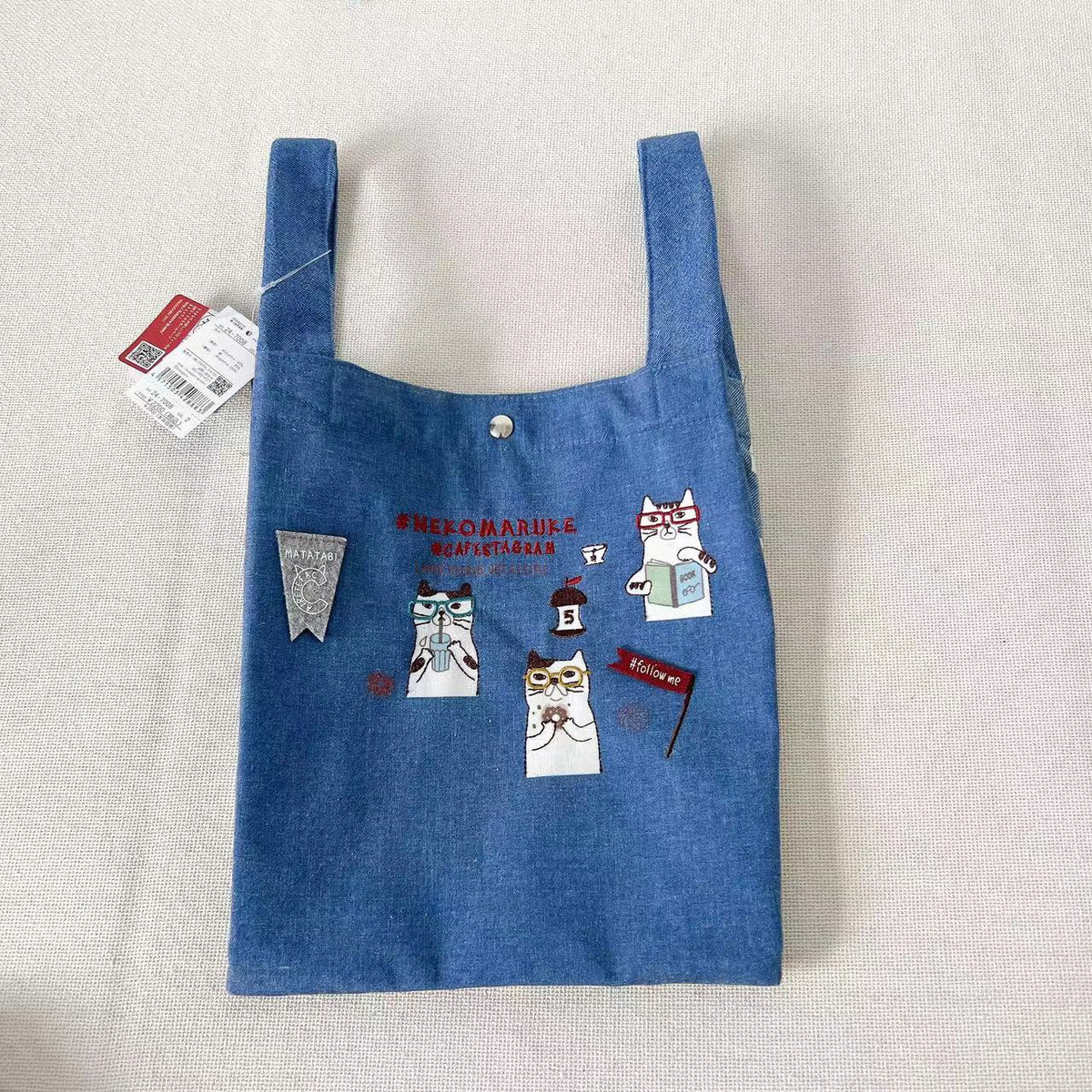 日本kusuguru刺繡貓咪手提包手提包馬甲包布藝卡通包逛街購物100｜藍色7008-2