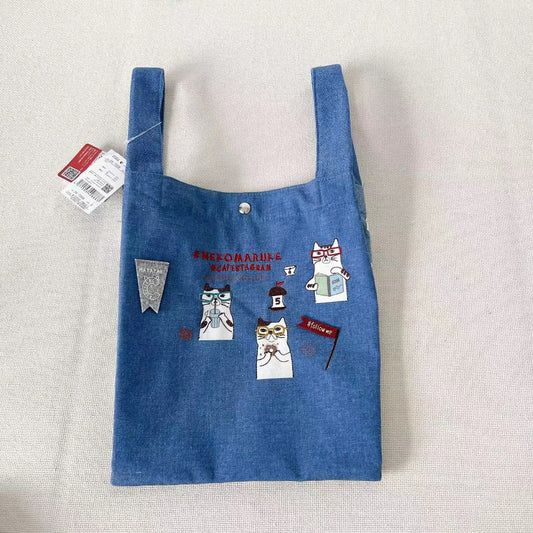 日本kusuguru刺繡貓咪手提包手提包馬甲包布藝卡通包逛街購物100｜藍色7008-2