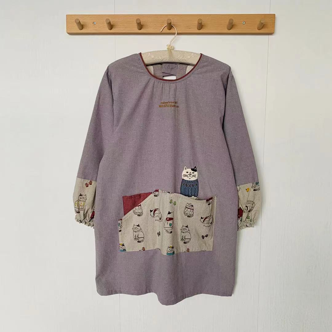 日本新款刺繡胖貓居家圍裙防油防污防汙罩衫反穿烘焙花藝長袖862｜灰色3043-1