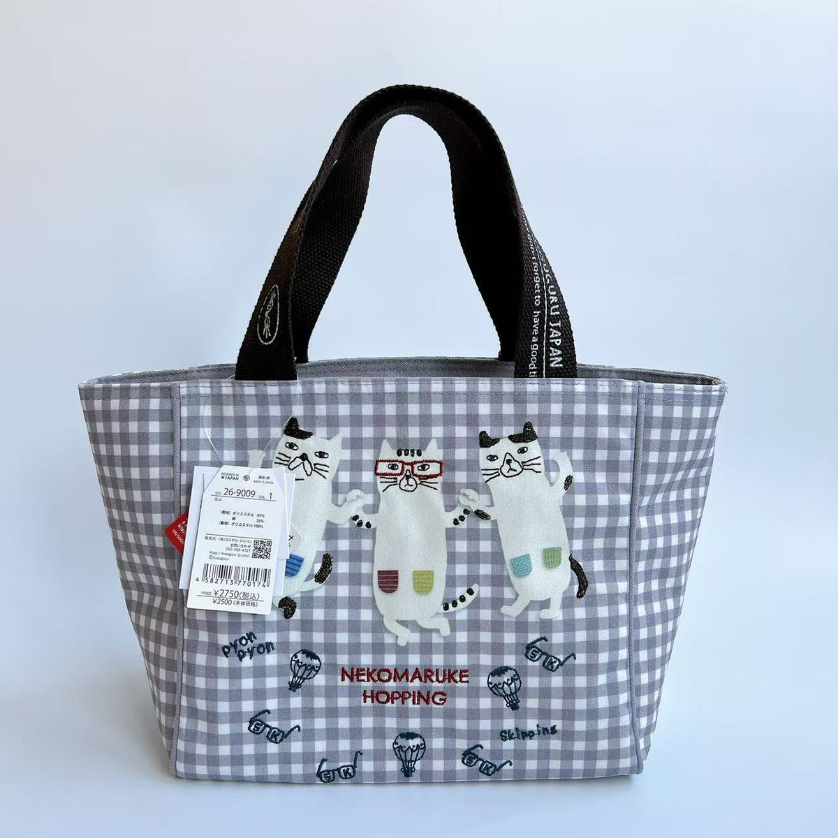 日本Kusuguru正品刺繡眼鏡貓手提包手提包格子飯盒包帆布通勤500｜灰色格子9009-1