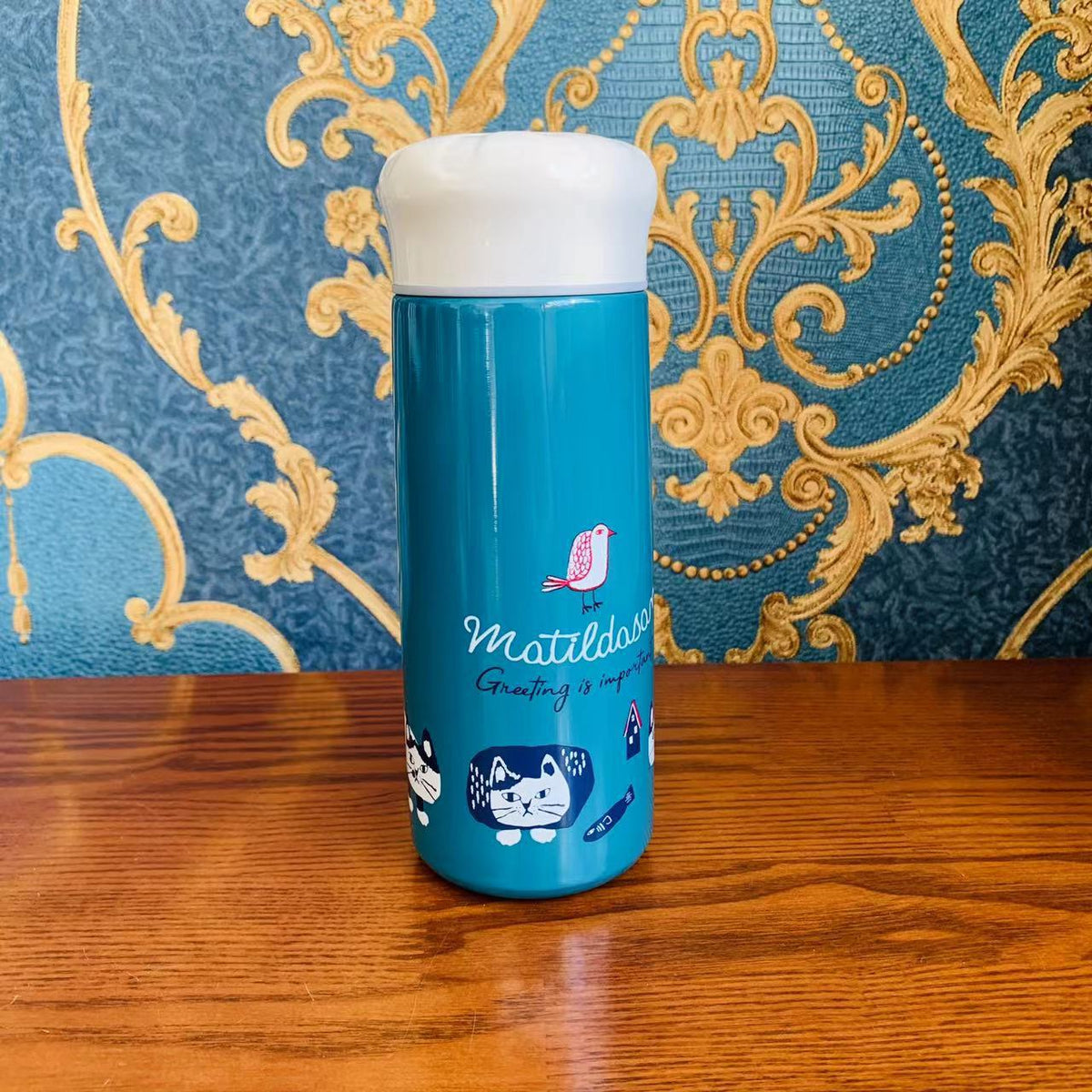 日本新款KUSUGURU保溫杯保冷杯搖搖暖手杯304不鏽鋼卡通320 ml｜爬貓雀藍4036-2／320 ml