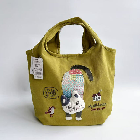 日本Kusuguru正品刺繡爬貓手提包手提包籃子包購物袋布藝包601｜爬貓芥黃色9625-1