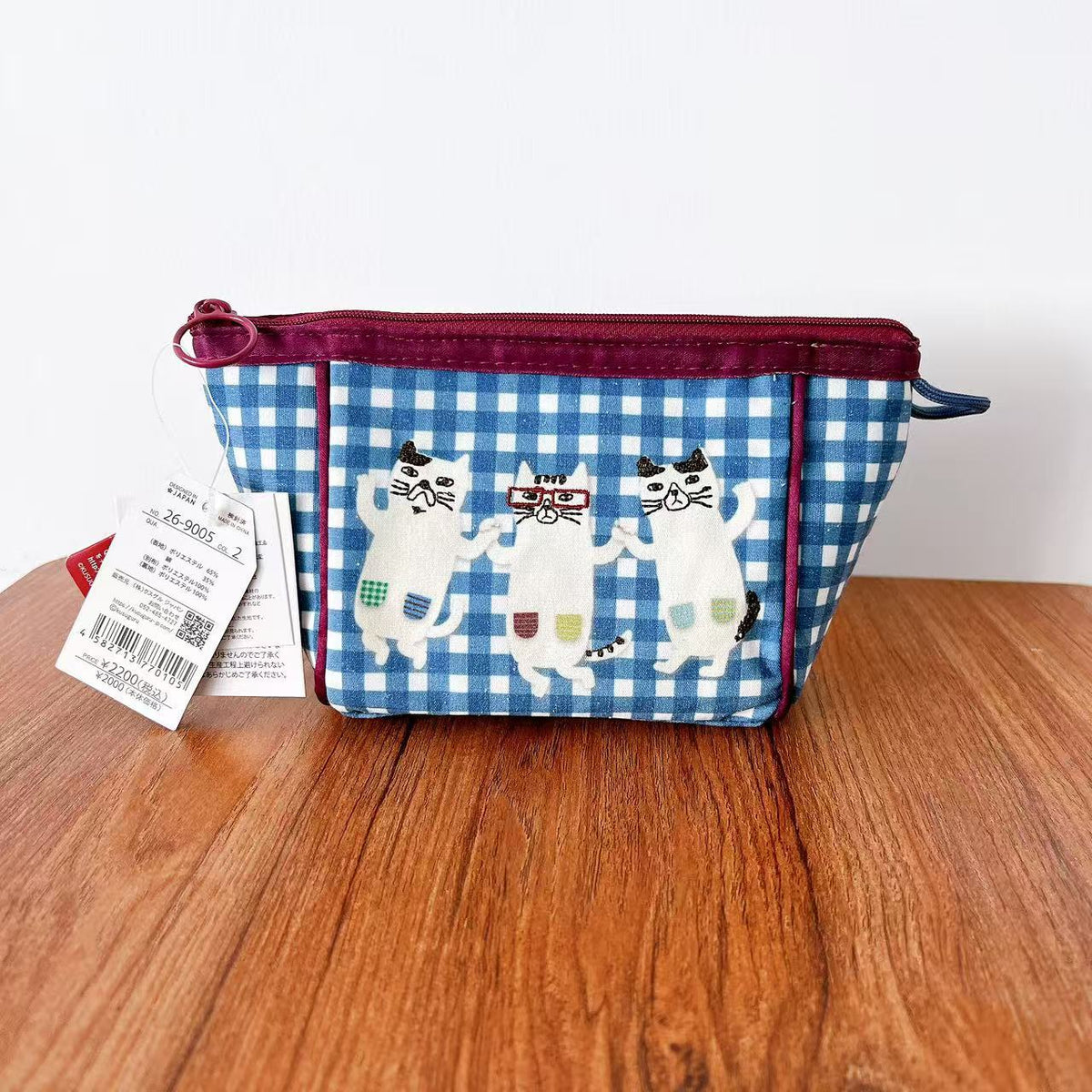 日本kKusuguru正品刺繡眼鏡貓格子零錢包手拿包小物收納包布藝500｜藍色格子9005-2