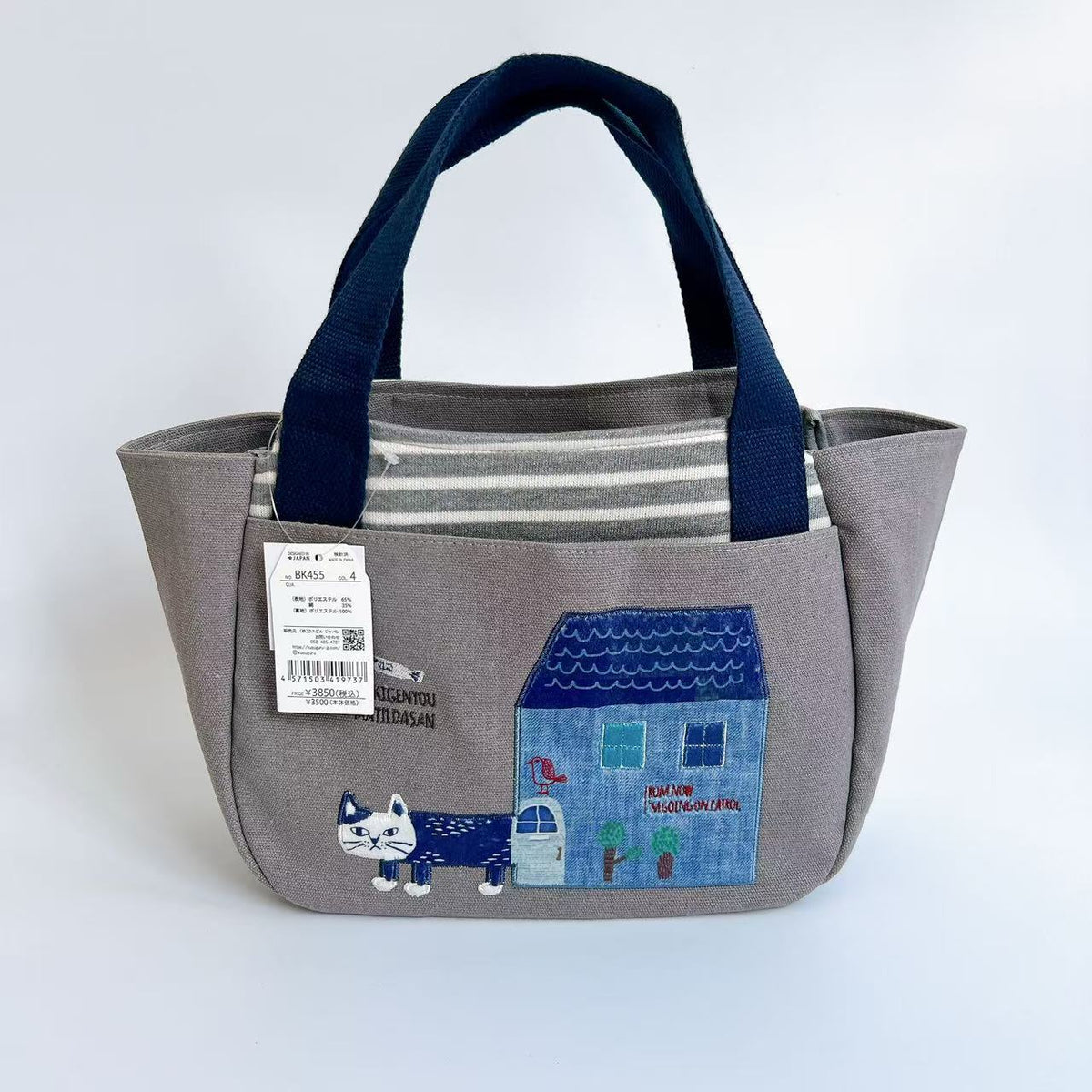 日本Kusuguru正品刺繡貓咪法鬥手提包手提包元寶包飯盒包帆布455｜爬貓鐵灰455-4