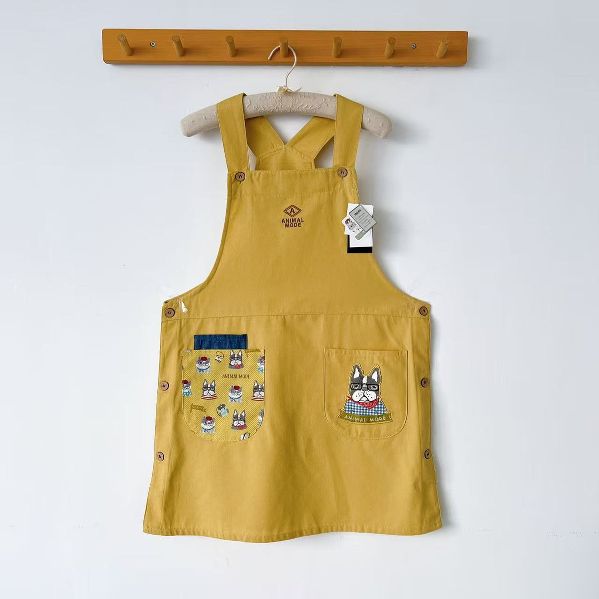 日本Kusuguru正品刺繡貓咪法鬥圍裙家務防油防污花藝烘焙布藝502｜保羅黃色9030-1