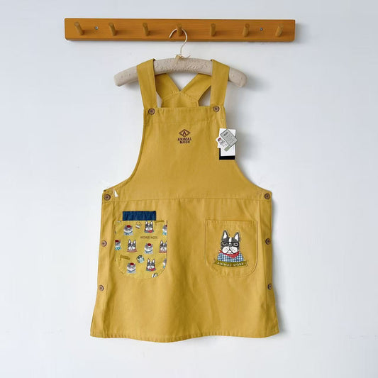 日本Kusuguru正品刺繡貓咪法鬥圍裙家務防油防污花藝烘焙布藝502｜保羅黃色9030-1