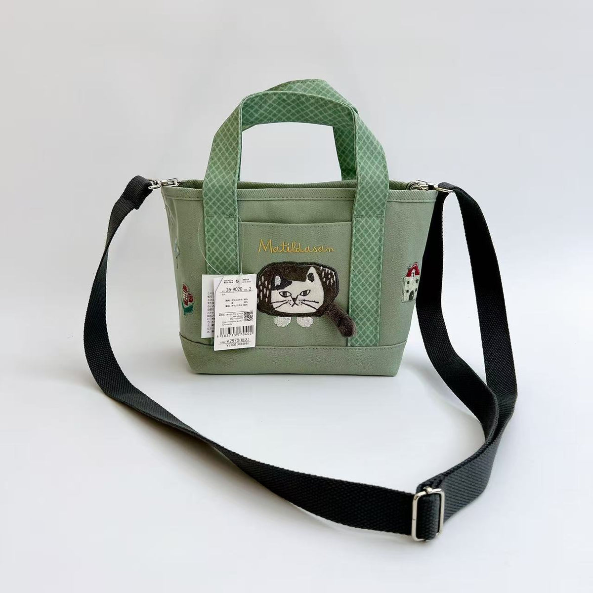 日本Kusuguru正品刺繡爬貓斜背內包肩背包手提包手提通勤布藝501｜爬貓綠色9020-2