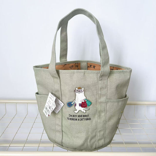 日本Kusuguru正品刺繡眼鏡貓手提包水桶包手提包帆布購物通勤400｜米黃8513-2