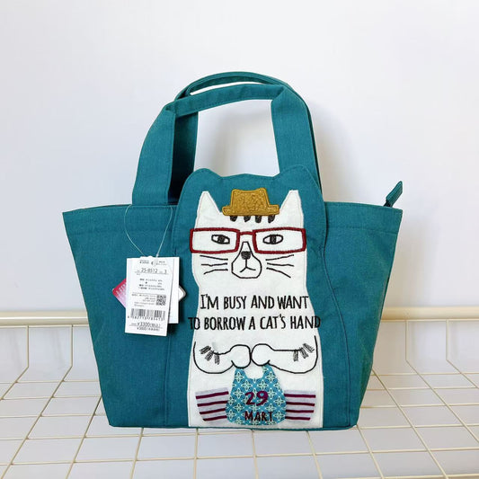 日本Kusuguru正品刺繡貓咪手提包手提包飯盒包帆布購物通勤400｜藍綠8512-3