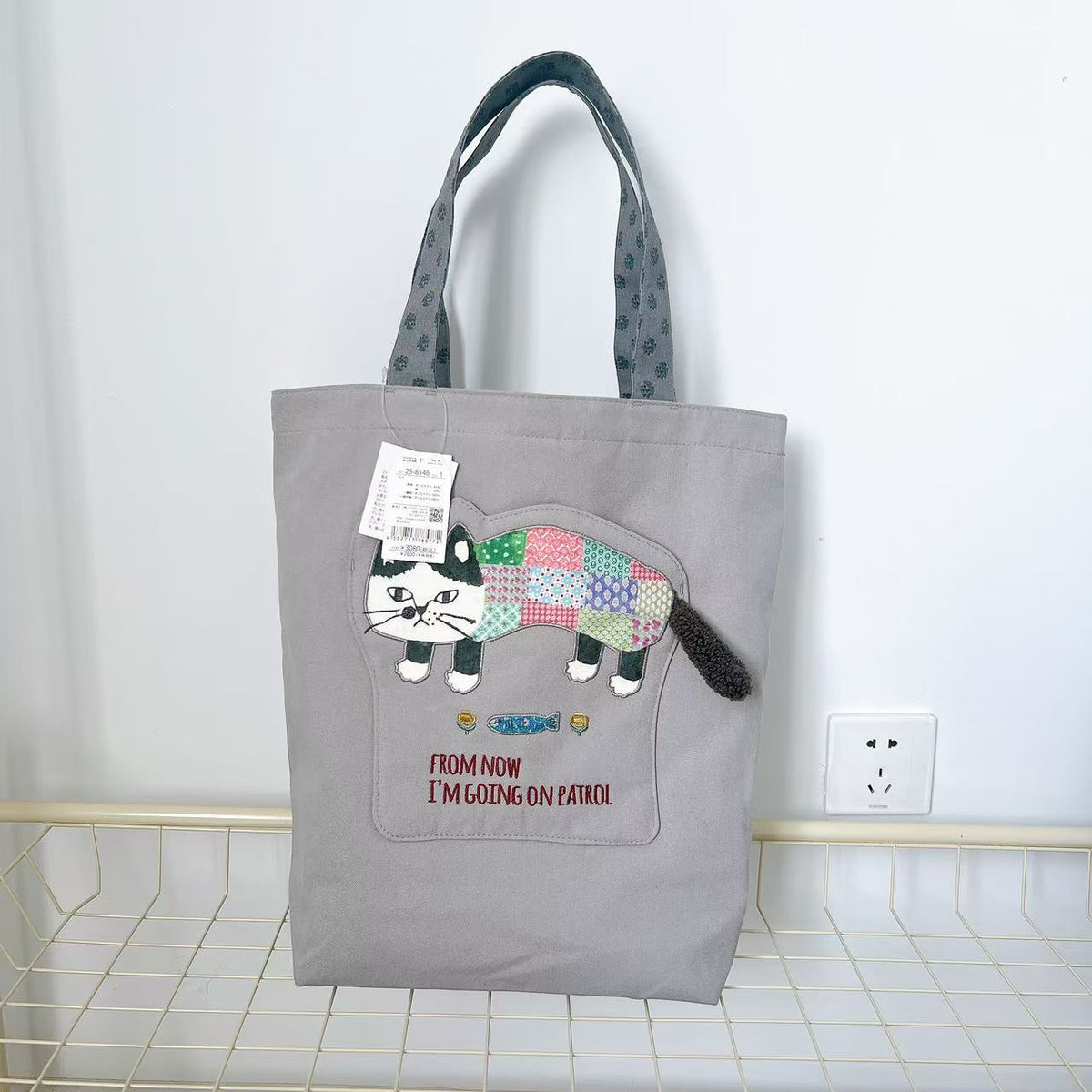 日本Kusuguru正品刺繡爬貓肩背包手提包手提包補習包逛街購物401｜爬貓灰8546-1