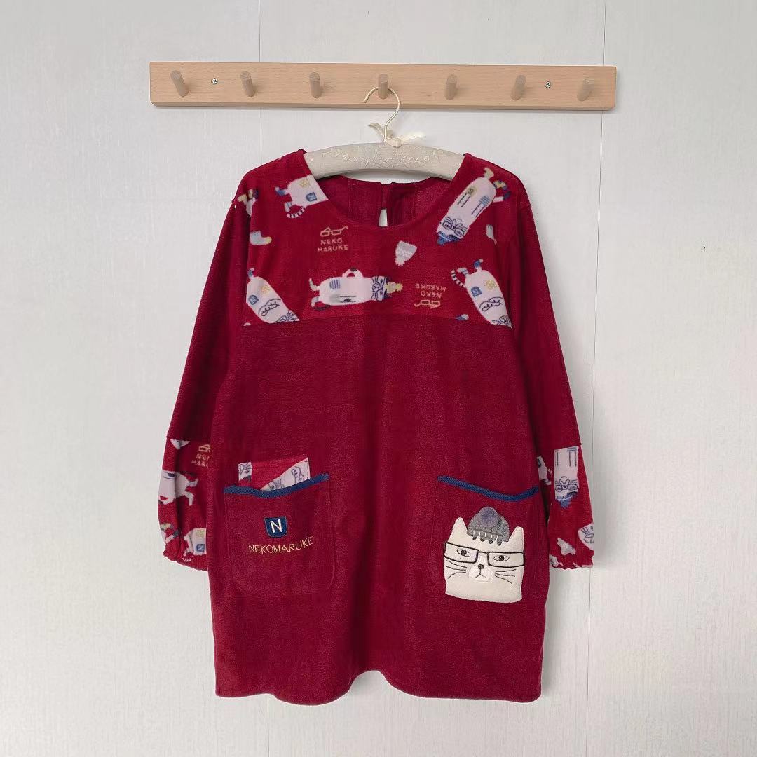 日本刷毛刺繡貓咪居家圍裙防污防油防汙罩衫反穿烘焙花藝保暖874｜酒紅色3153
