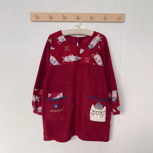 日本刷毛刺繡貓咪居家圍裙防污防油防汙罩衫反穿烘焙花藝保暖874｜酒紅色3153