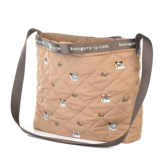 日本kusuguru重工刺繡貓咪斜背包絎縫手提包肩背包休閒通勤206｜卡其7674-2